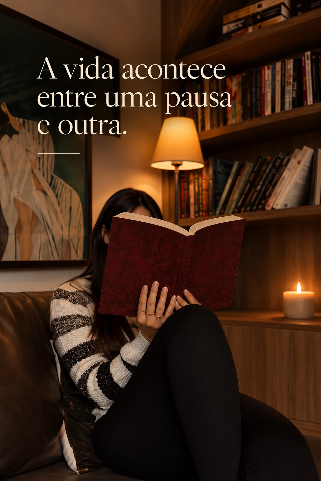 Uma mulher lê junto a uma vela acesa, em um ambiente acolhedor. Na imagem: A vida acontece entre uma pausa e outra.